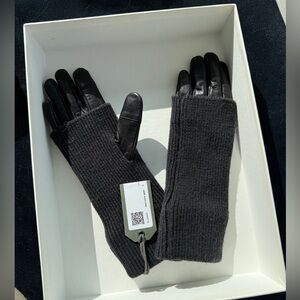 All Saints Charcoal Knit Gloves with Leather Detail